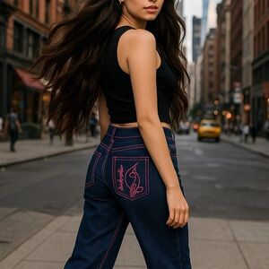 Vintage Baby Phat Tonal Stitching Dark Mid Rise Straight Leg Blue Jeans Size 9